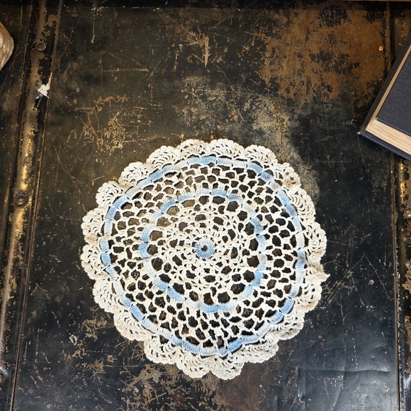 Vintage Blue & White Crocheted Doily | Handmade Cottagecore Lace Table Mat 6" - Picture 3 of 7